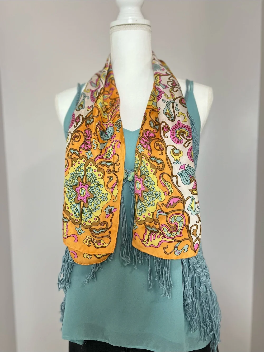 Vintage 1970s 100% Silk Long Paisley Floral Scarf Wrap Orange Boho Festival 🧡